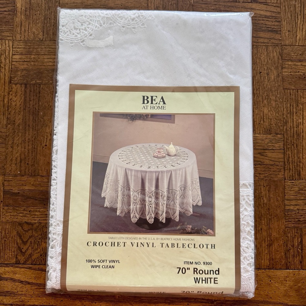 Vintage Bea At Home Crochet Lace Vinyl Round Tablecloth 70" White New NIP